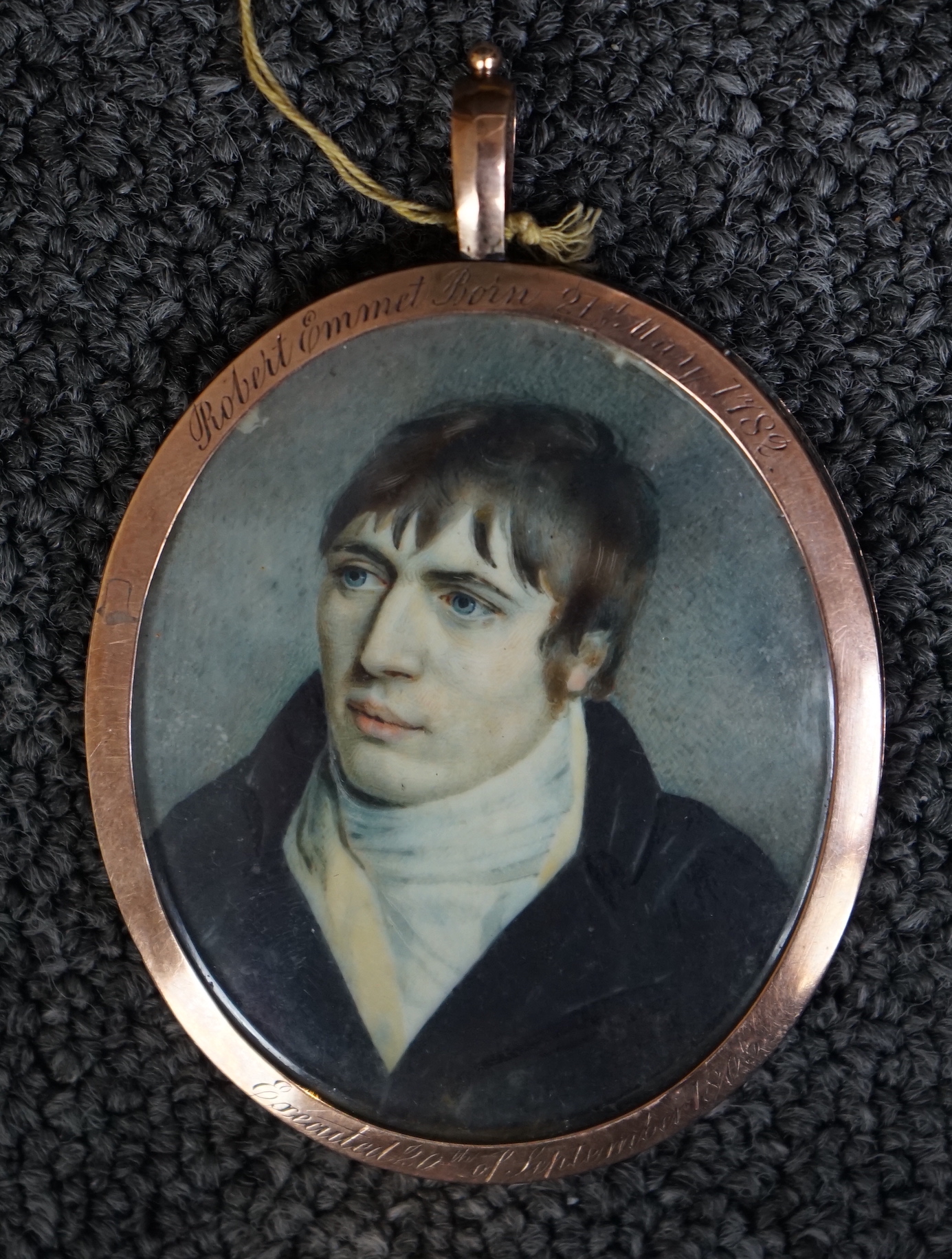 English School circa 1803, Portrait miniature of Robert Emmet, watercolour on ivory, 6.1 x 5.1cm., engraved frame. CITES Submission reference P9Y1SAJ4